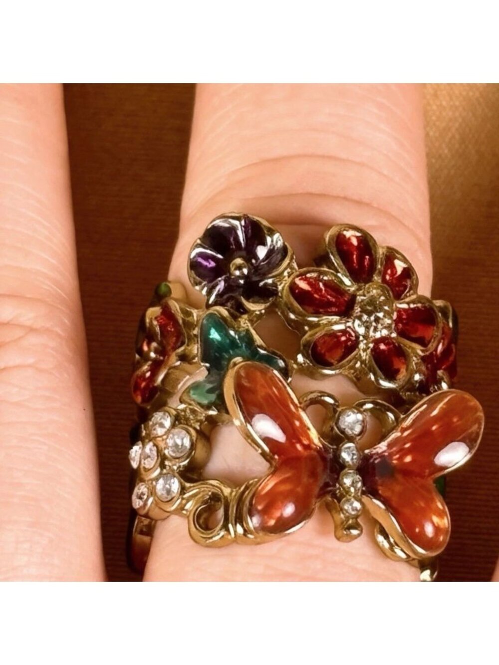 Fairycore Enamel Butterfly Floral Ring Size 7 Boho Sculptural Jewelry C38